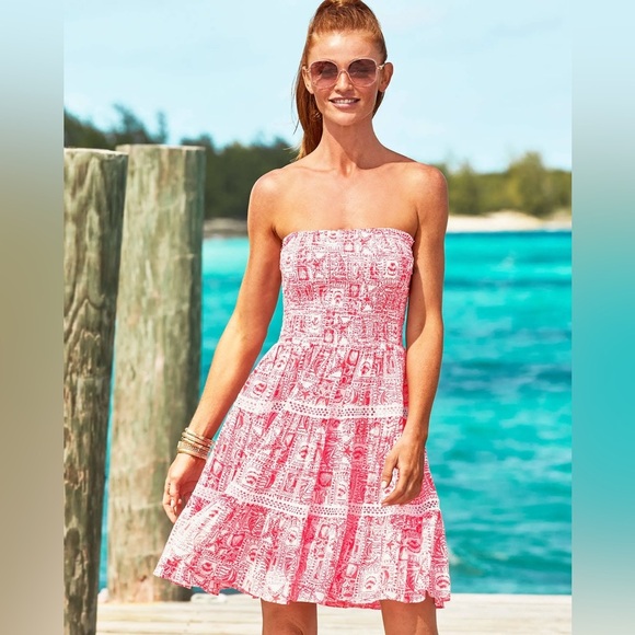 🆕 Lilly Pulitzer Kelvina Strapless Smocked Red & White Dress NEW RTL $178 SZ LG - Picture 1 of 5